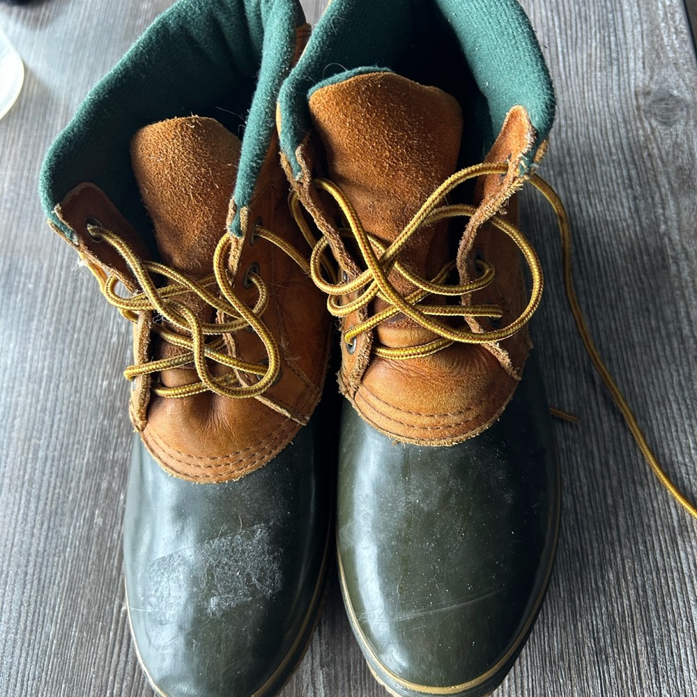 Brown and Green Duck Boots